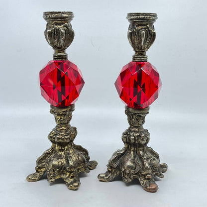 2 Vintage Hollywood Regency Metal Red Lucite Candlesticks Candle Holders 8” TF4