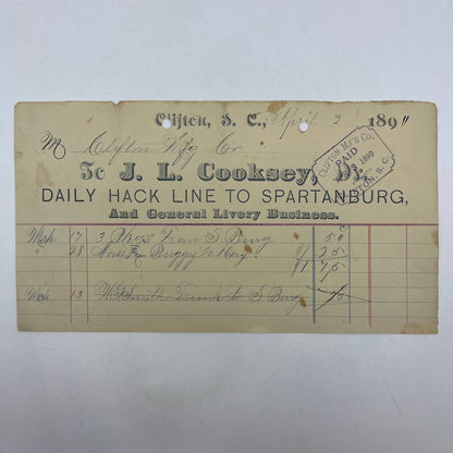 1891 Billhead J.L. Cooksey Daily Hack Line to Spartanburg Livery Clifton SC AC9