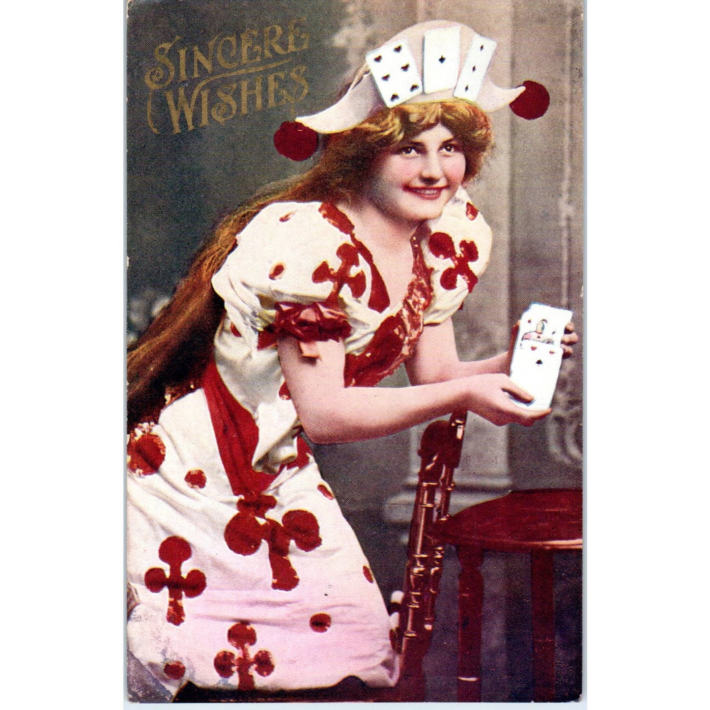 1909 Postcard Woman With Deck of Playing Cards Sincere Wishes SE4