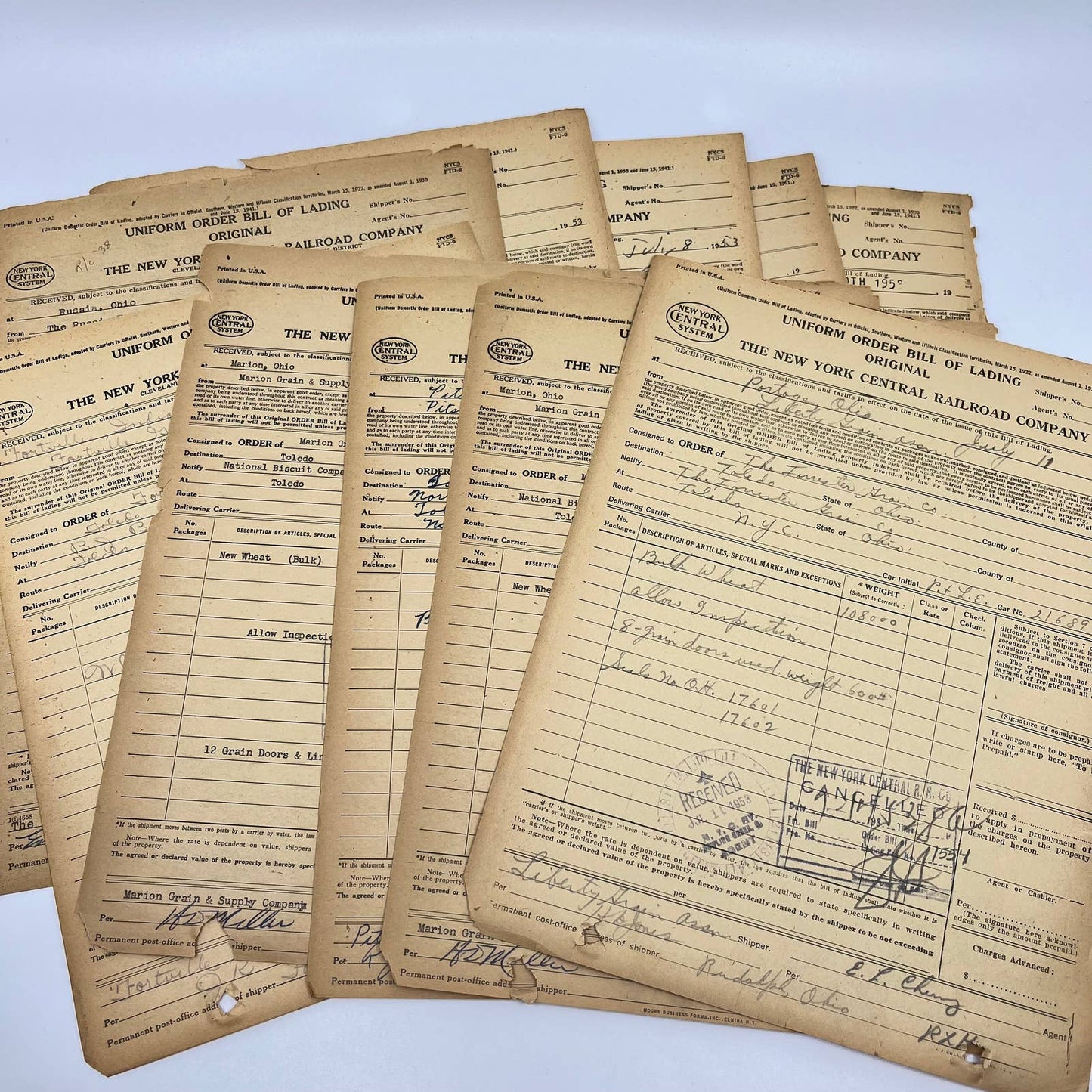 1953 The New York Central Railroad Co RR Original Bill of Lading Lot of 10 AB1-1