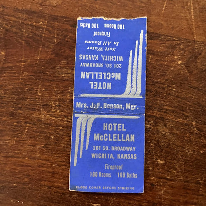 Hotel McClellan Wichita Kansas Advertising Matchbook Cover SB3-M5