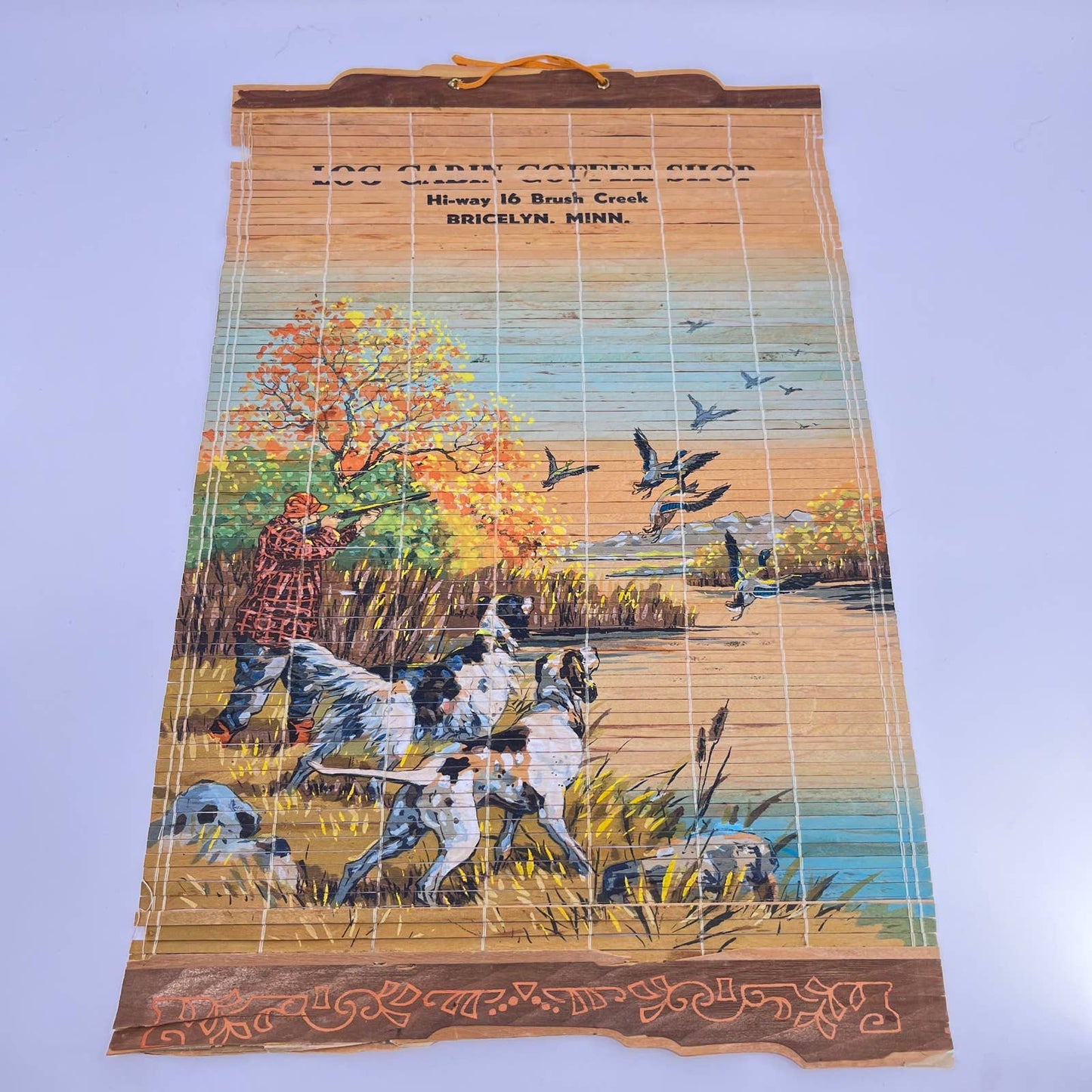 Bamboo Advertising Banner Log Cabin Coffee Shop Bricelyn MN Hunting Scene SD4