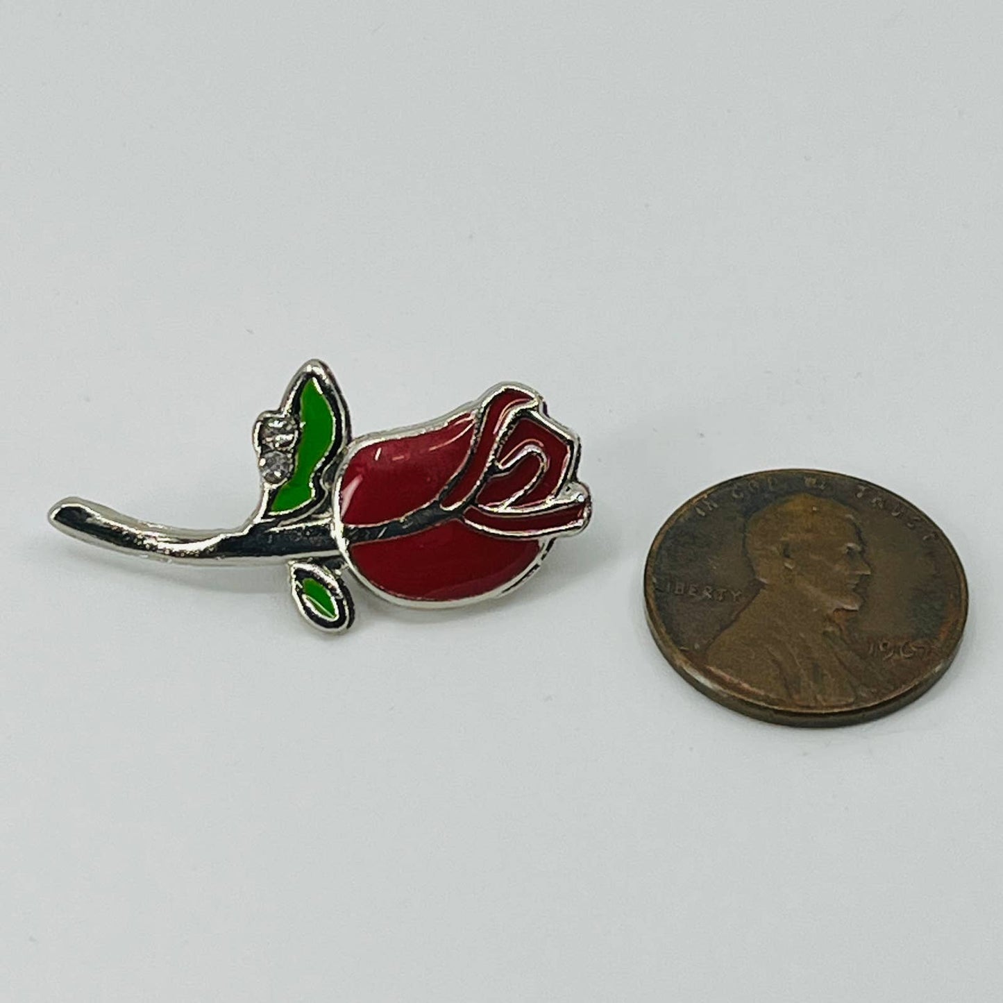 Vintage Enamel Rose Brooch Silver Tone Rhinestone SA6