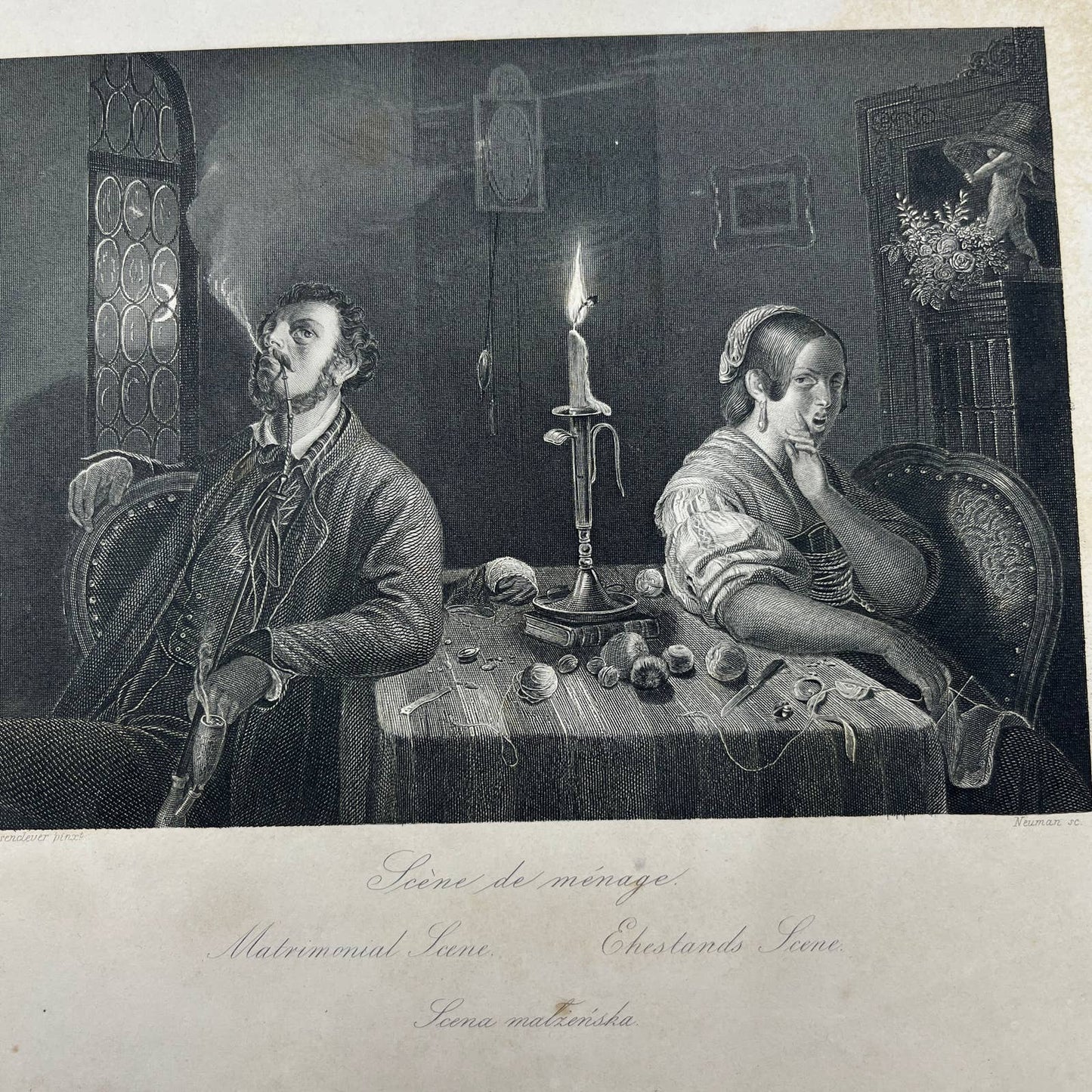 1864 Original Steel Art Engraving - Matrimonial Scene Hasenclever 8.5x11" AC3