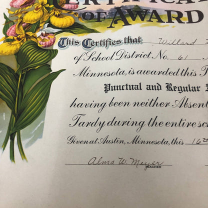 1922 Neither Absent Nor Tardy Certificate of Award Willard Lillie Austin MN