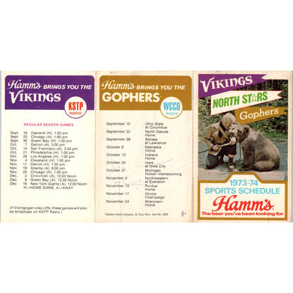 1973-74 Schedule Winter Sports North Stars Vikings Gophers Hamms TK1-P3