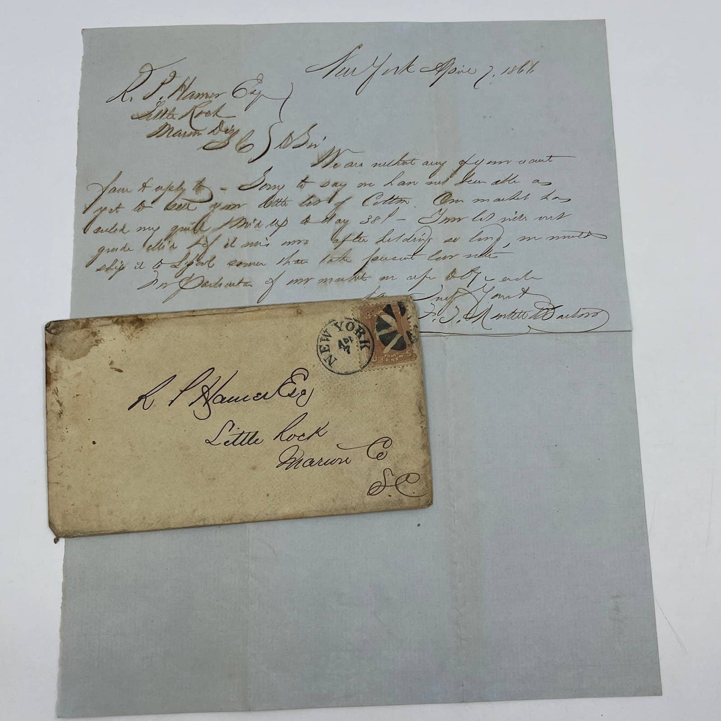 1866 Handwritten Letter & Envelope to Robert P. Hamer Esq. Little Rock SC AC2