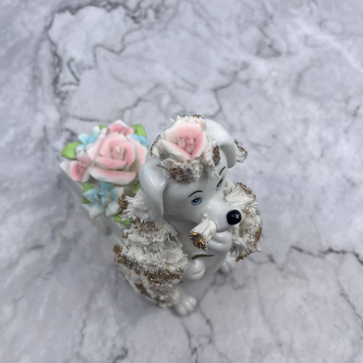 1950s Pink Porcelain Spaghetti Noodle White Poodle Bone China Flowers 5x6 TI8