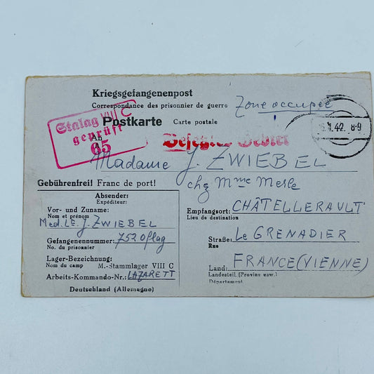 1942 WWII German French POW Prisoner Postcard Letter Stalag VIII C SC2