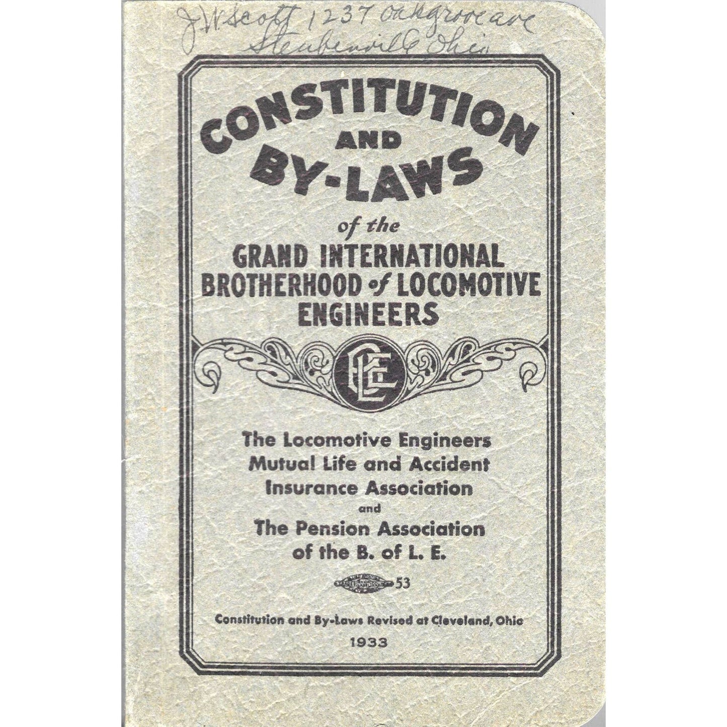 1933 Brotherhood of Locomotive Firemen & Enginemen Constitution Book TJ8-1