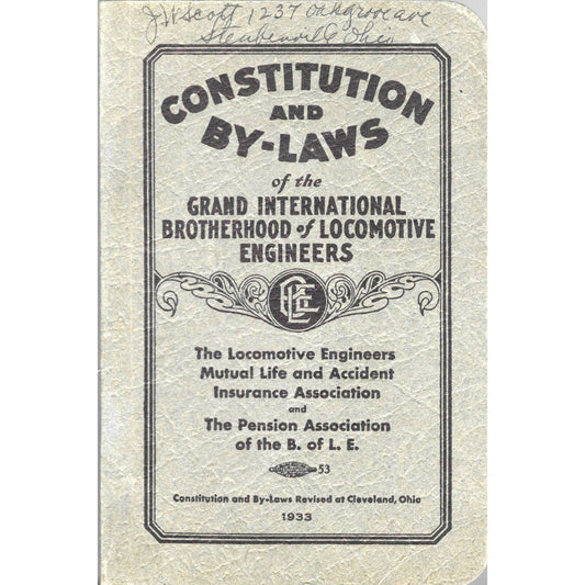 1933 Brotherhood of Locomotive Firemen & Enginemen Constitution Book TJ8-1