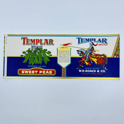 1930's TEMPLAR Knight on Horse Sweet Peas Can LABEL Grand Rapids MI WR Roach FL3