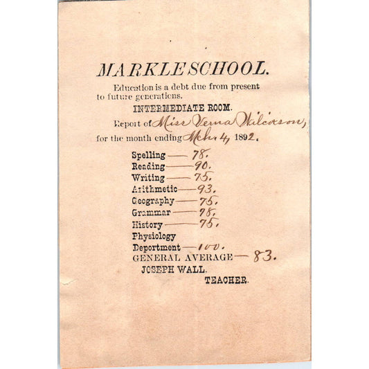 1893 Markle IN School Report Card Teacher Joseph Wall to Verna Wilcoxson SF2