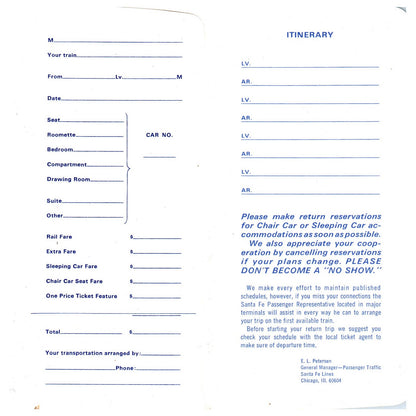 1960s Santa Fe Railway Chief Way Chicago Texas California Ticket Envelope SE4