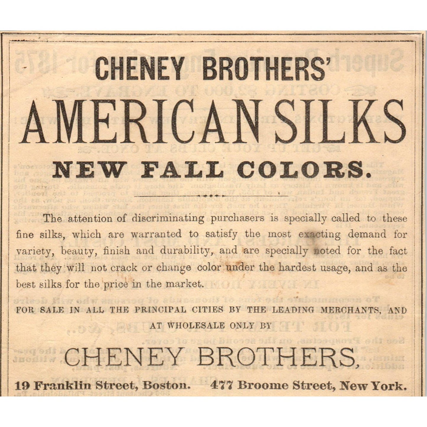 Cheney Brothers American Silks Boston NY - Victorian Ad 1878 Original TJ7-L2