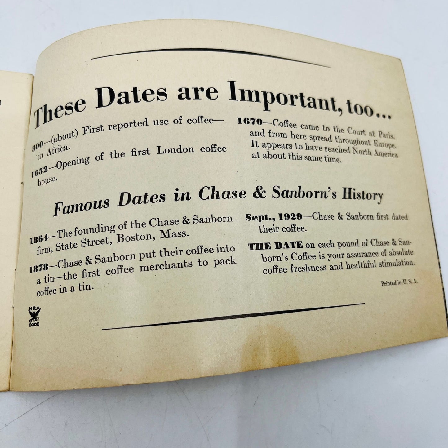 1933 Chase and Sanborn Coffee Promotional Book 400 Famous Dates in History H4-5