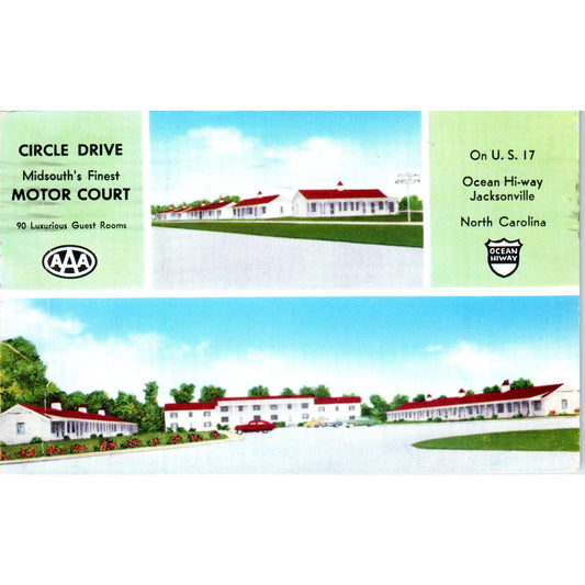 Circle Drive Motor Court Jacksonville NC D.L. Phillips 1956 Postcard TK1-24