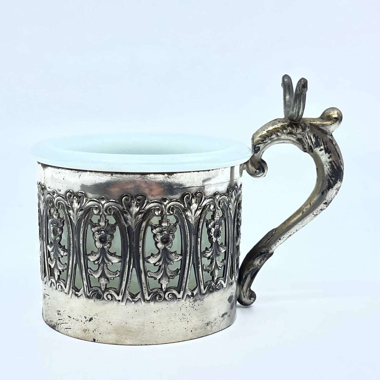 Antique Shaving Mug Silver Plated Filigree With Milk Glass