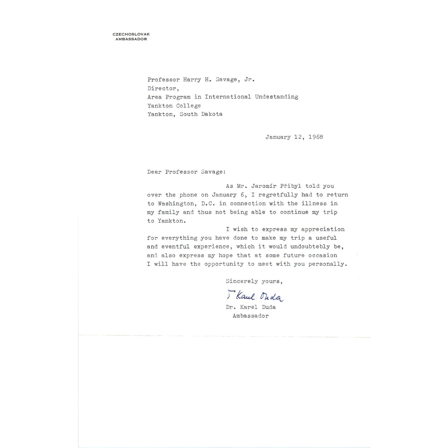 Czechoslovak Embassy Official Letterhead Memo Dr. Karl Duda 1968 B15