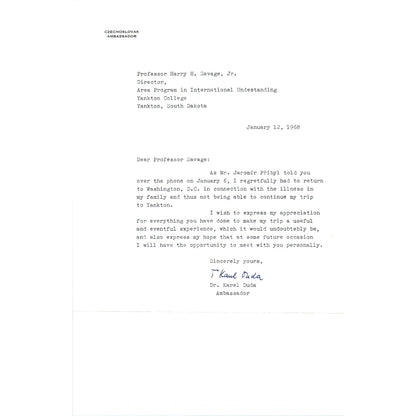 Czechoslovak Embassy Official Letterhead Memo Dr. Karl Duda 1968 B15