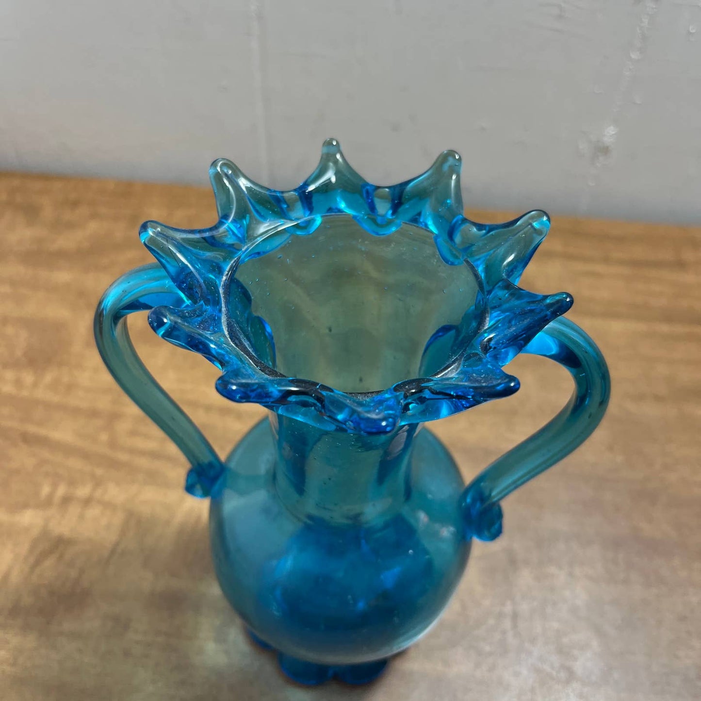 One of a Kind Vintage Hand Blown Art Glass Vase Blue 7” TA1