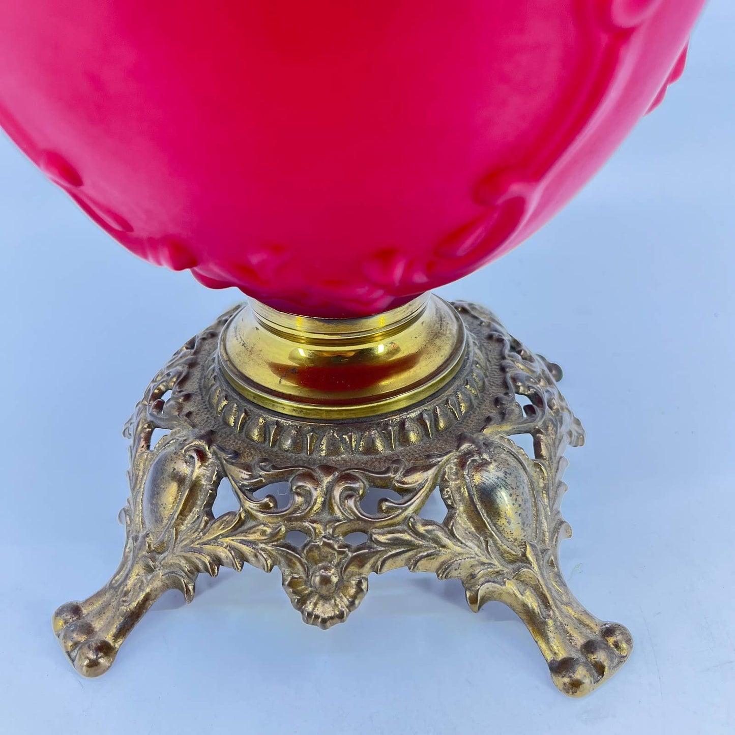 Antique B & H Red Satin Glass and Brass Gone With the Wind Lamp Base LB4