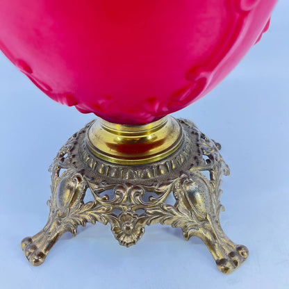 Antique B & H Red Satin Glass and Brass Gone With the Wind Lamp Base LB4