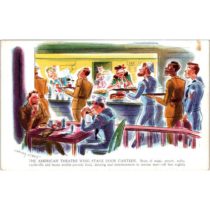 1943 WWII The American Theatre Wing Stage Door Canteen Cartoon Postcard TK1-26-1