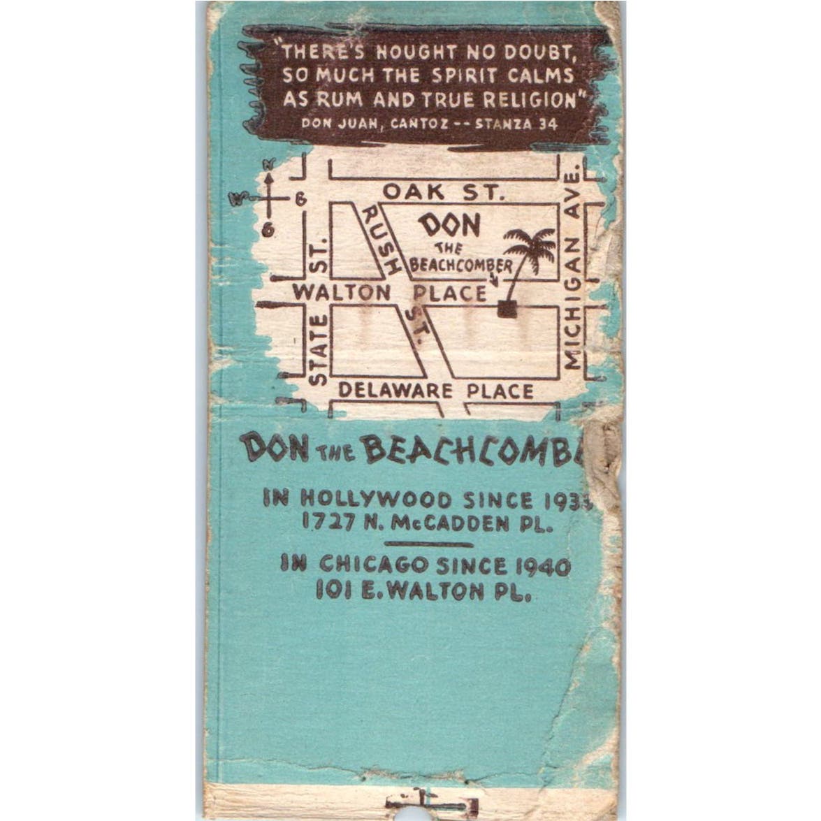 Don the Beachcomber Hollywood Chicago Advertising Matchbook Cover SA9-M4