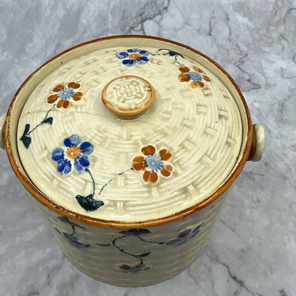 Vintage Japanese Ceramic Biscuit Jar Hand Painted Flower Basket Weave 4'' TI7