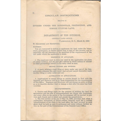 1883 Washington DC General Land Office Circular Entries Under the Homestead TJ7