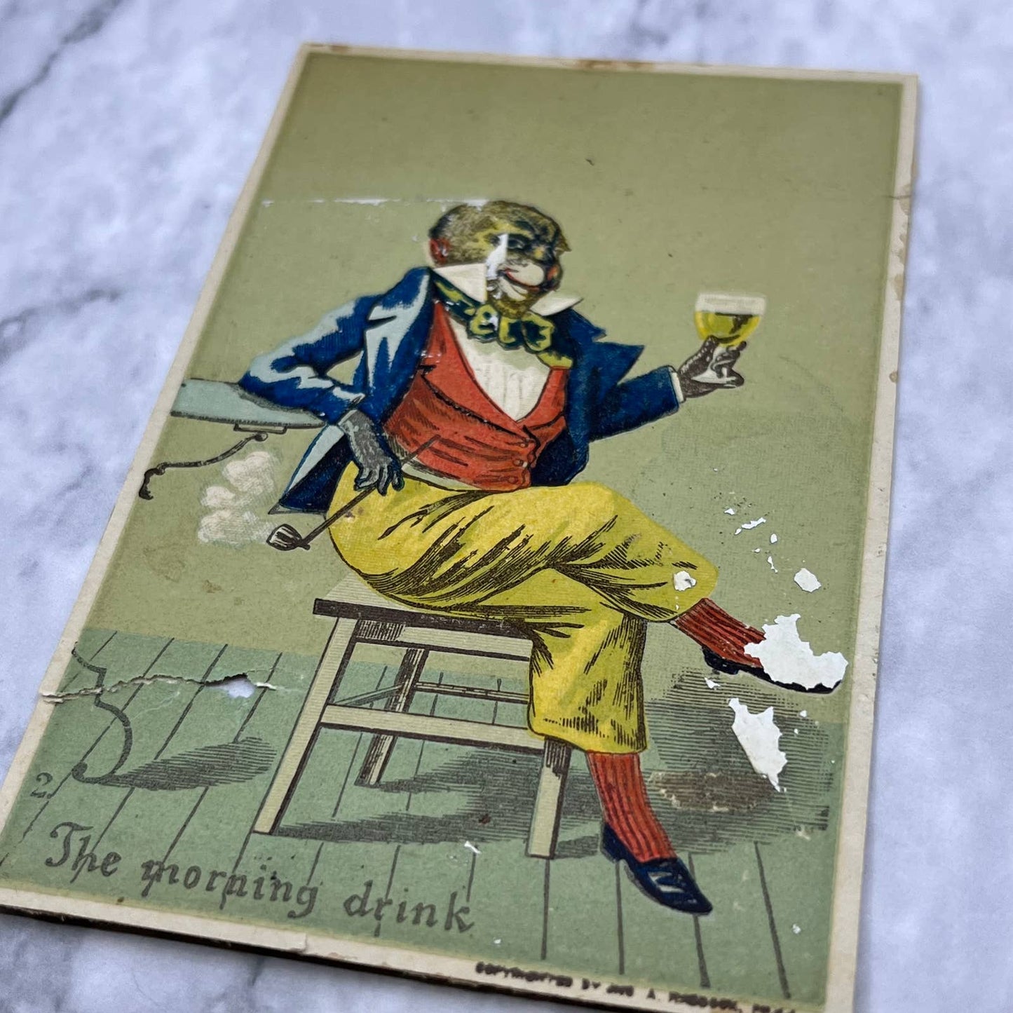 1880s Victorian Trade Card Toxicated Anthropomorphic Monkey Morning Drink EA4