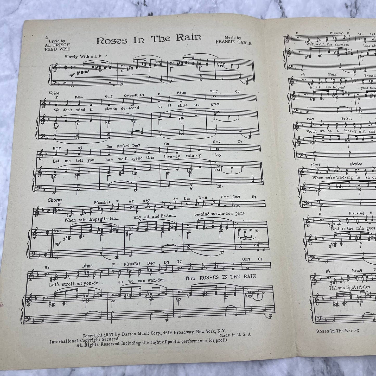 1947 Roses in the Rain Perry Frankie Carle Al Frische Fred Wise Sheet Music TH5