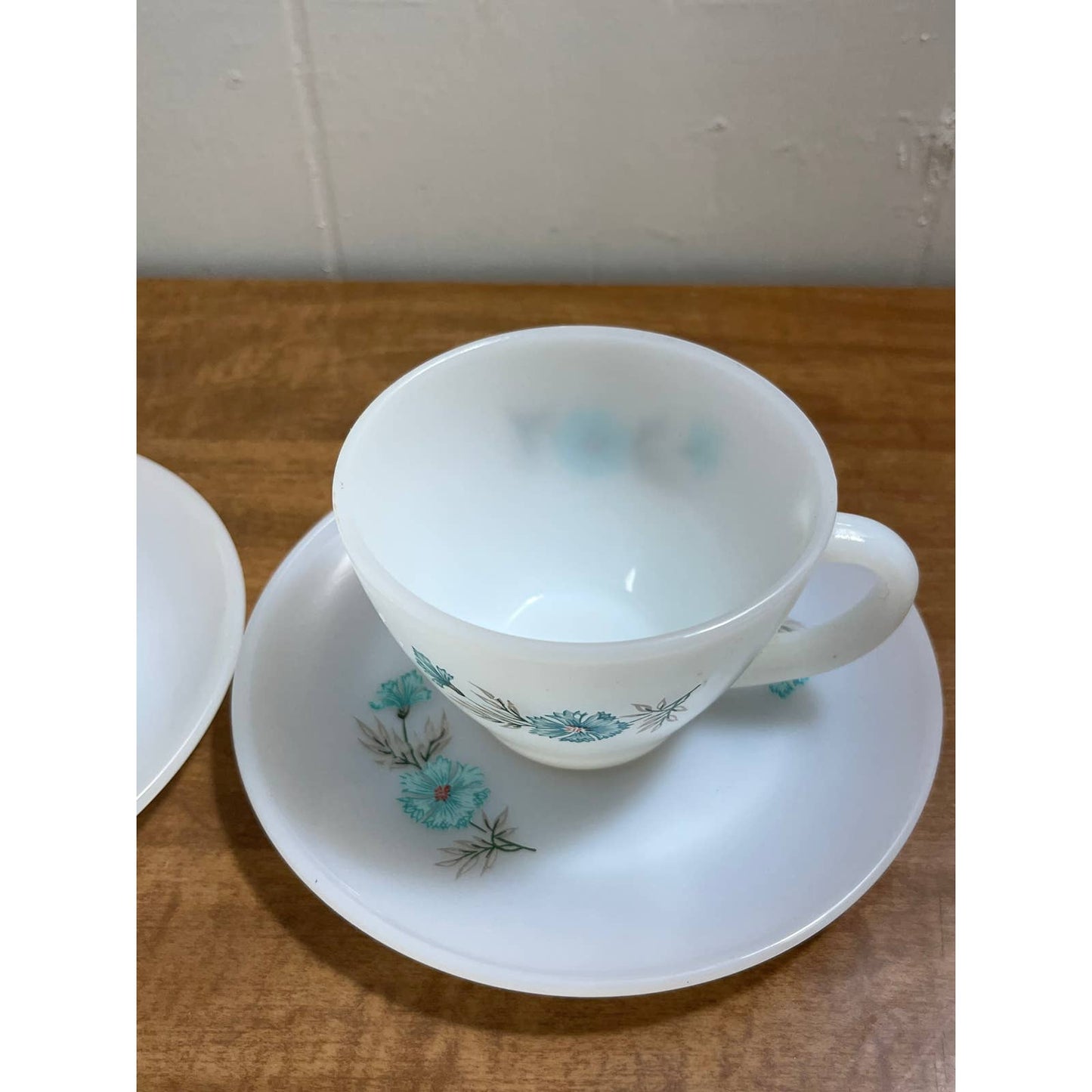 1950s MCM Atomic Fire King Cup Mug Saucer Bonnie Blue Carnation Set of 2 TG8