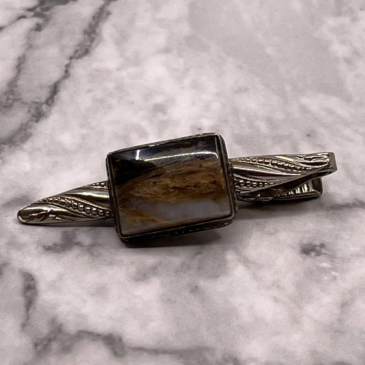 Vintage Silver Tone Polished Stone Agate Tiger Eye Tie Clip Bar Clasp SA2-2