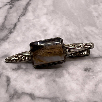 Vintage Silver Tone Polished Stone Agate Tiger Eye Tie Clip Bar Clasp SA2-2