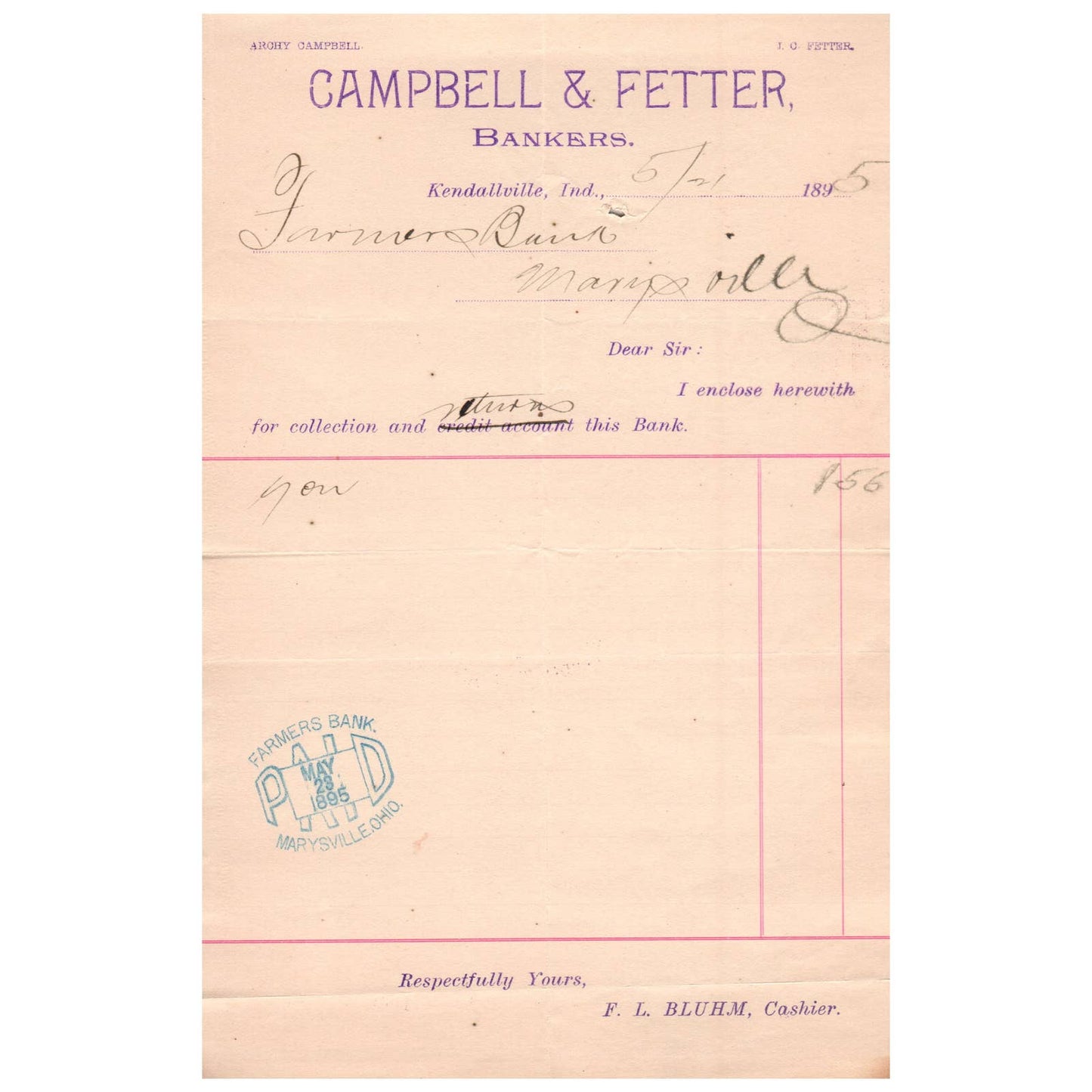 1895 Campbell & Fetter Bankers Letterhead Kendallville Indiana AD8