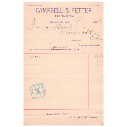 1895 Campbell & Fetter Bankers Letterhead Kendallville Indiana AD8