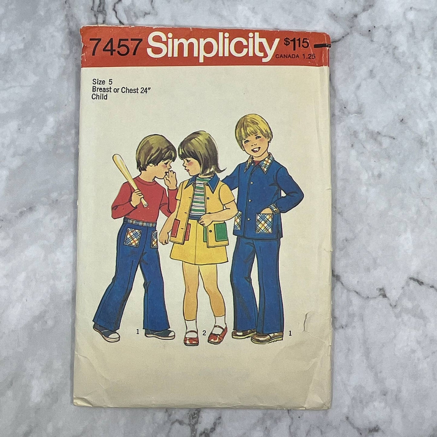 1970s Sewing Pattern Simplicity Size 5 Childs Skirt Jacket Shirt Pants 7457 TI7
