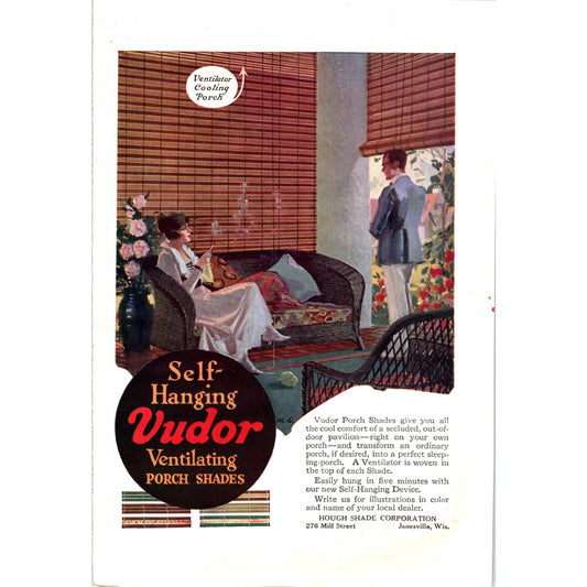 c1920 Harper's Magazine Ad - Self-Hanging Vudor Ventilating Porch Shades EA3