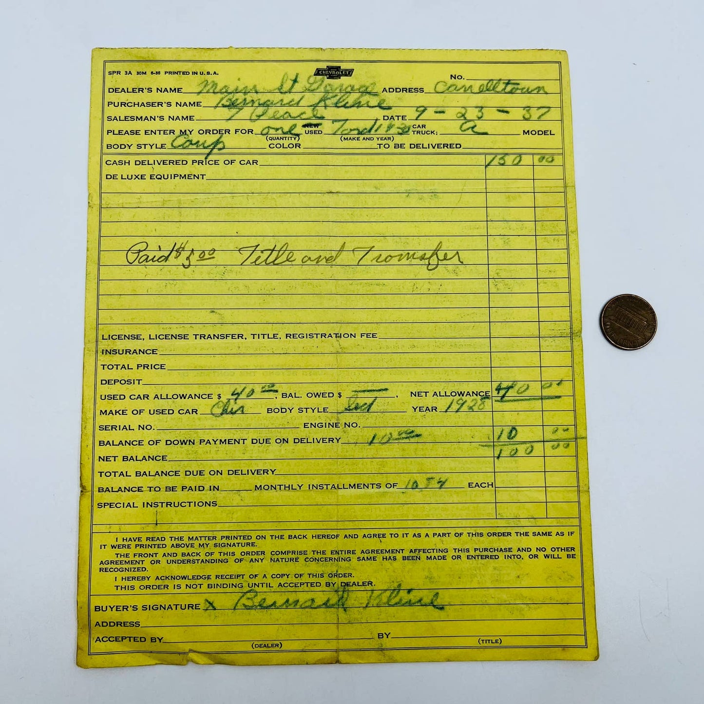 1937 Chevrolet Coup Invoice Main St. Garage Canelltown D2