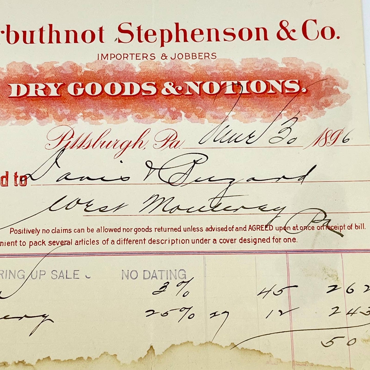 1896 Arbuthnot Stephenson & Co Dry Goods Letterhead Pittsburgh PA AB5