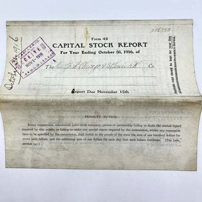 1916 New York, Chicago & St. Louis RR Railroad Capital Stock Report AB2