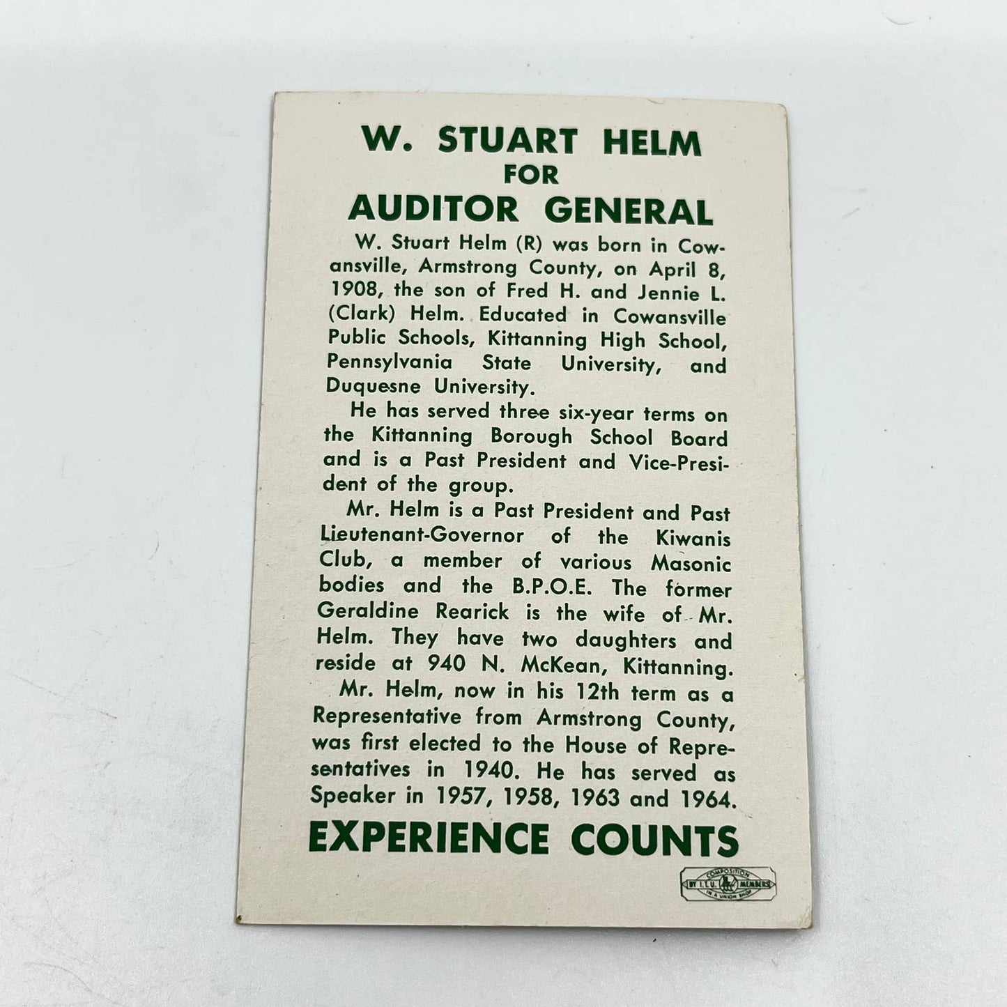 1960s Political Ad Card W. Stuart Helm for Auditor General Armstrong Cty PA SC3