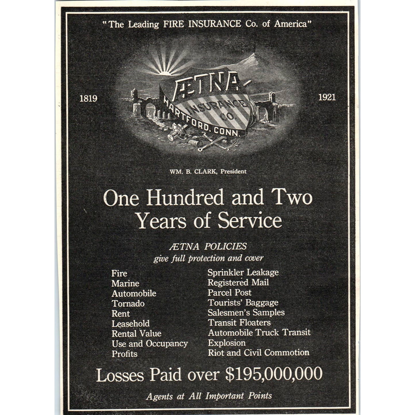 AEtna Insurance Co Hartford Connecticut - 1921 Original Ad TJ7-L