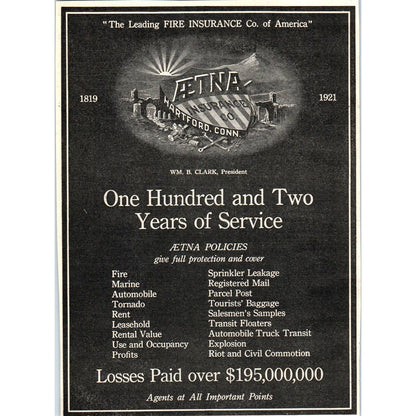 AEtna Insurance Co Hartford Connecticut - 1921 Original Ad TJ7-L