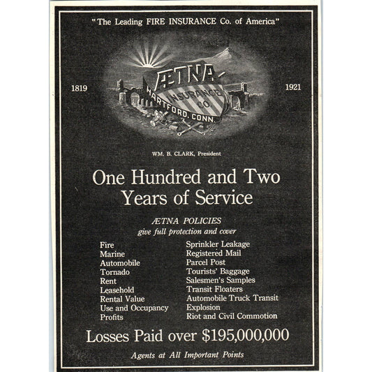 AEtna Insurance Co Hartford Connecticut - 1921 Original Ad TJ7-L
