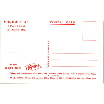 Bullfights '67 Manolo Martinez Monumental Bldg Juarez Mexico Postcard TJ9-P2
