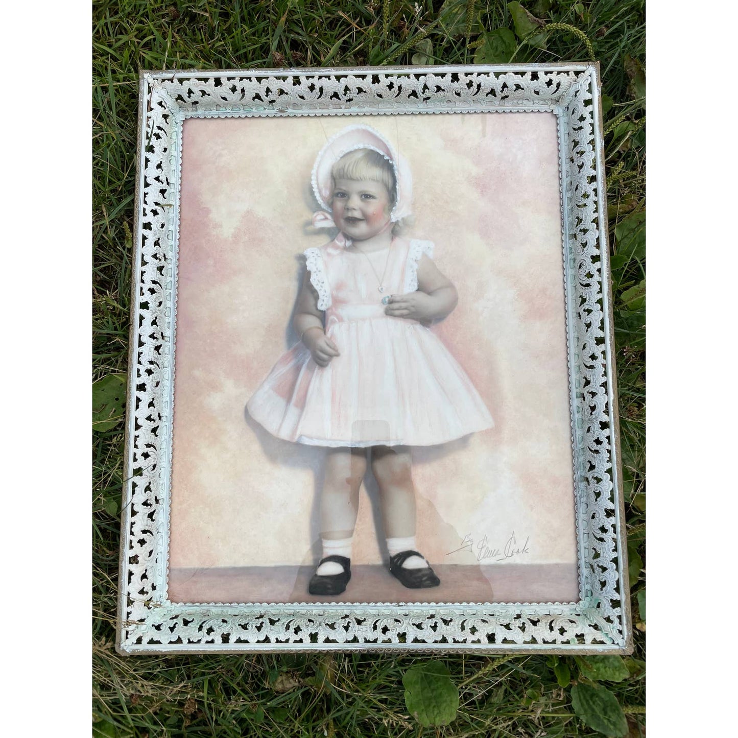 Vintage Framed Original Signed Portrait of Little Girl by Eliva Cook