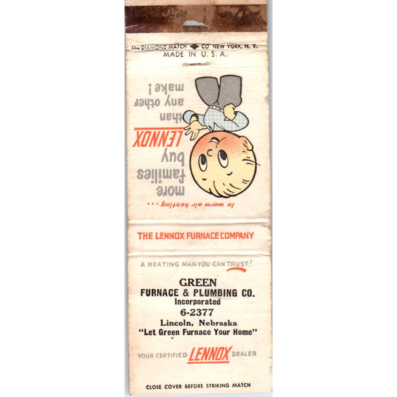 Green Furnace & Plumbing Lennox Lincoln NE Advertising Matchbook Cover SA1-M1